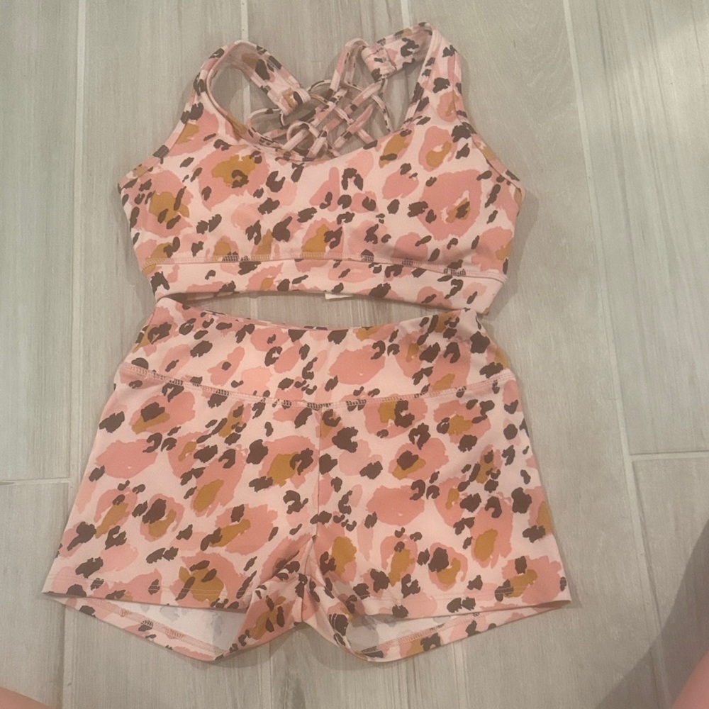 Pink Leopard Print Crisscross Sports Bra & Shorts Set